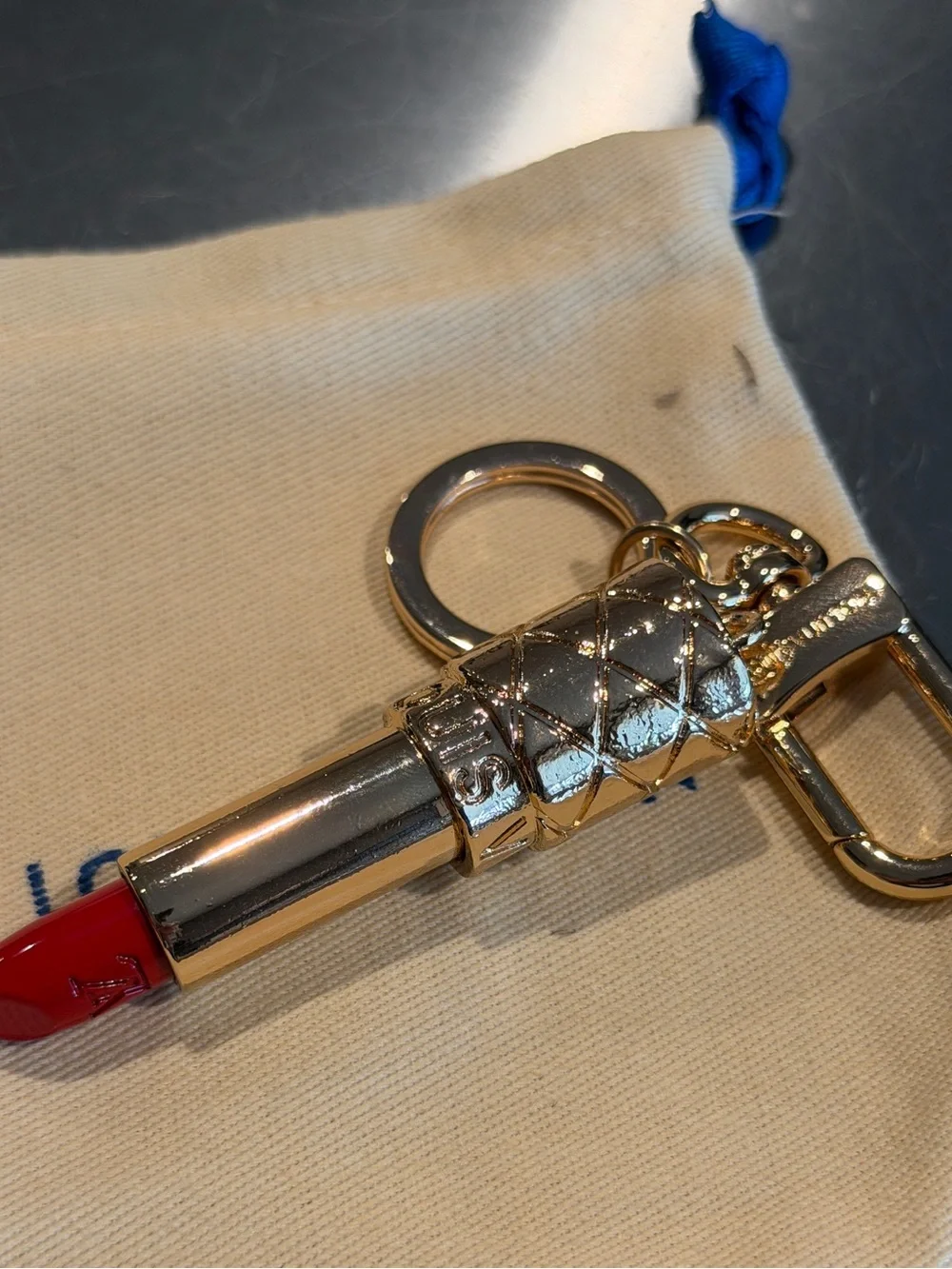 Gold Lipstick Keychain with Bright Red Lipstick Accent